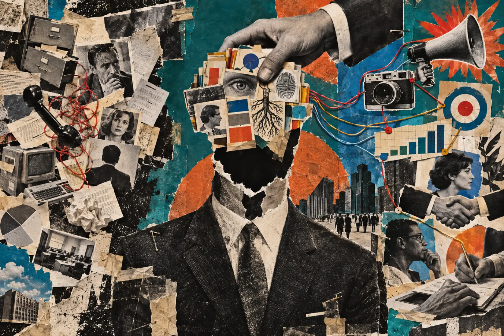 A hand-built magazine collage of a company receiving an identity assembled from files, an eye, roots and connected marketing tools.
