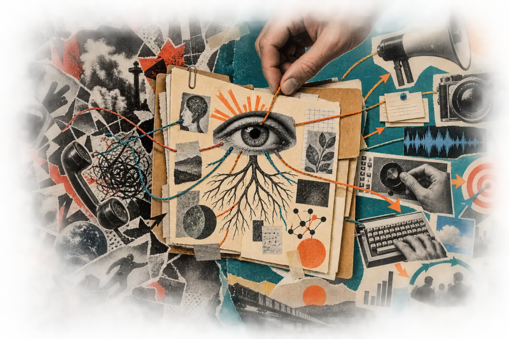 A torn-magazine collage connecting a central company brain to marketing tools, signals and feedback loops.