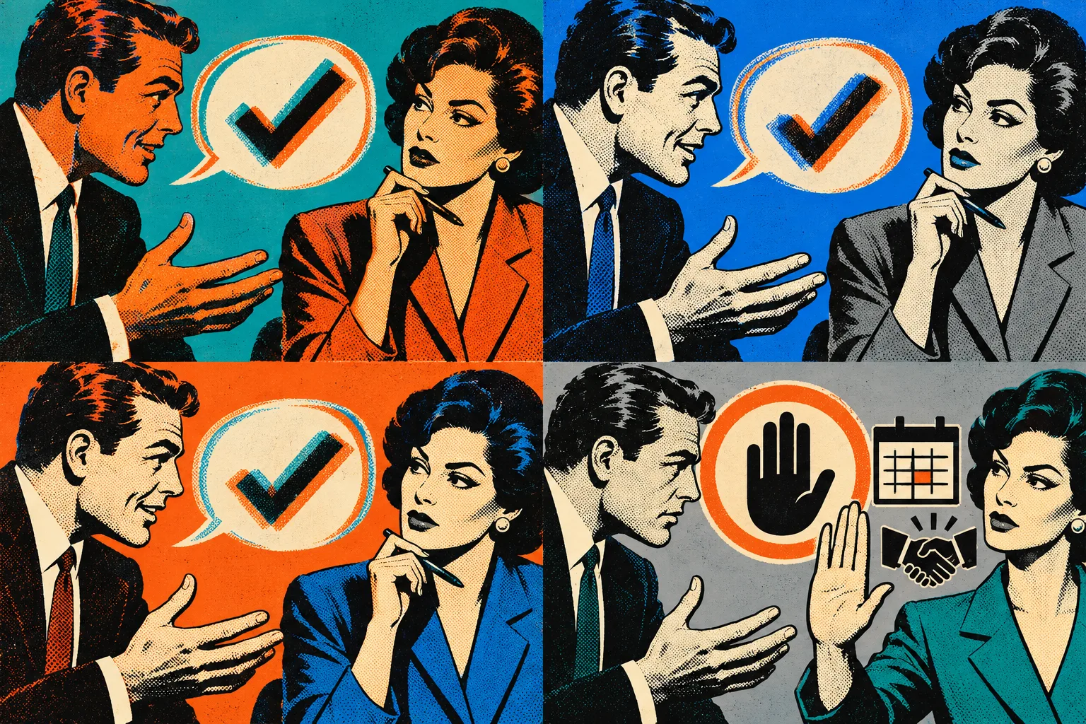 A four-panel silkscreen illustration contrasting ambiguous agreement with a clear boundary and next step.